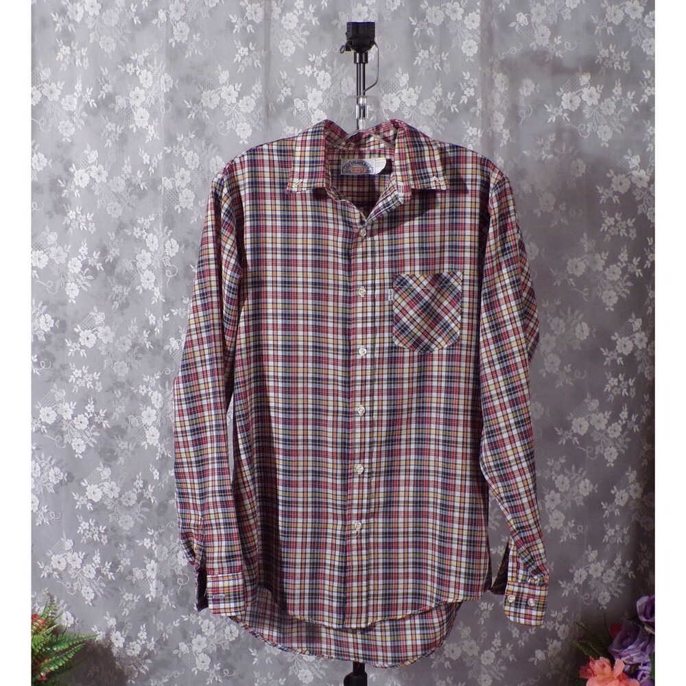 Levi's Vintage Button Down Shirt 1980s 80s Rainbow Plaid Long Sleeve Size Medium